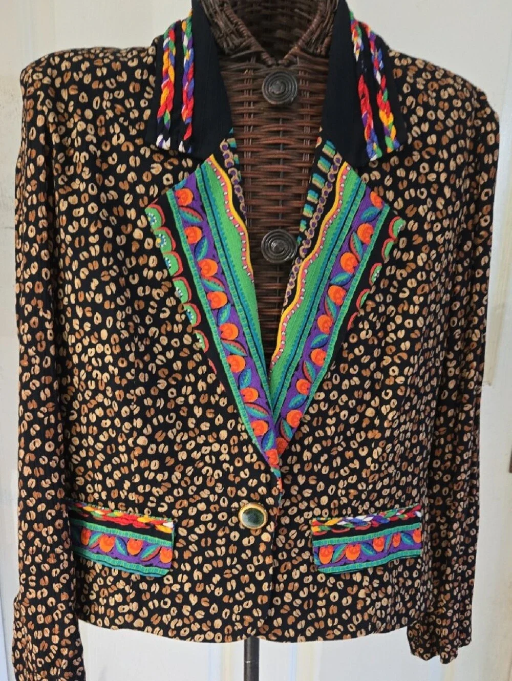 Carole Little Black Leopard Print Blazer with Colorful Embroidered Trim-Size 12 - Picture 4 of 13